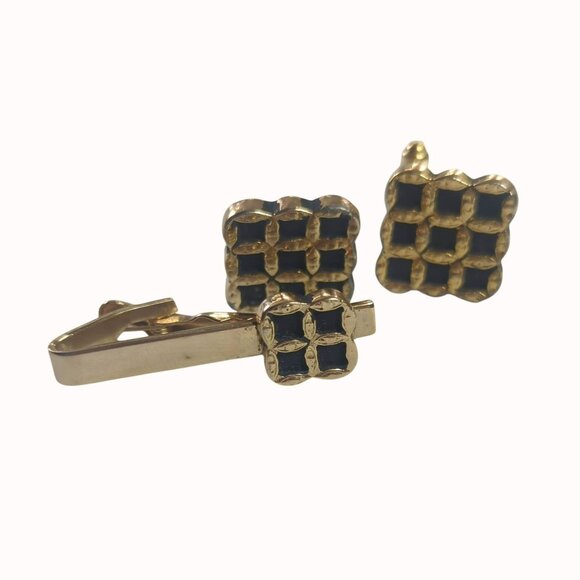 Vintage Black Gold Tone Square Grid Cufflinks and Tip Clip Set - Picture 2 of 6
